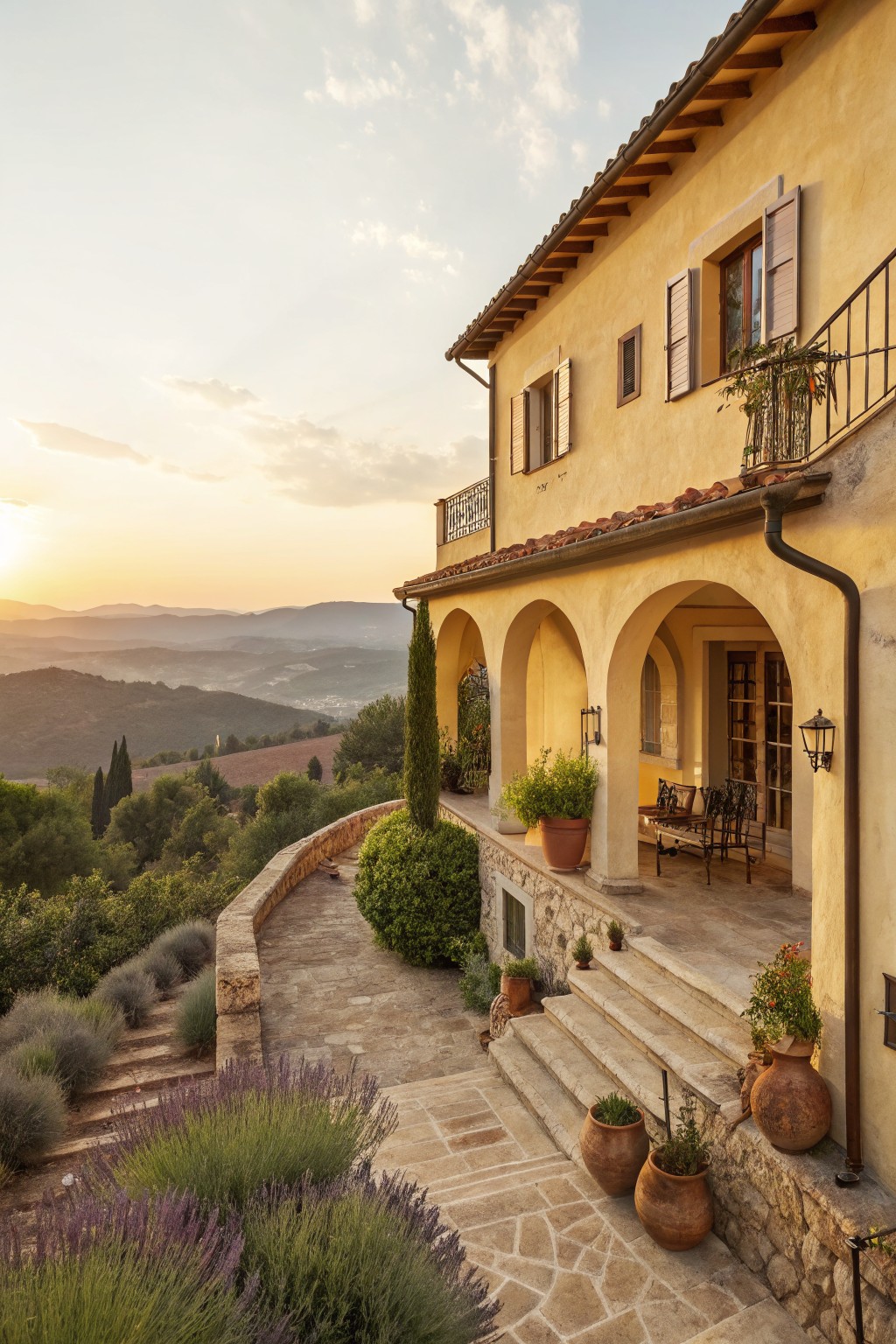 A two-story yellow ochre stucco house with terracotta tile roof, arched terrace featuring furniture and potted plants, stone pathway with lavender borders, and hillside landscape views at sunset.