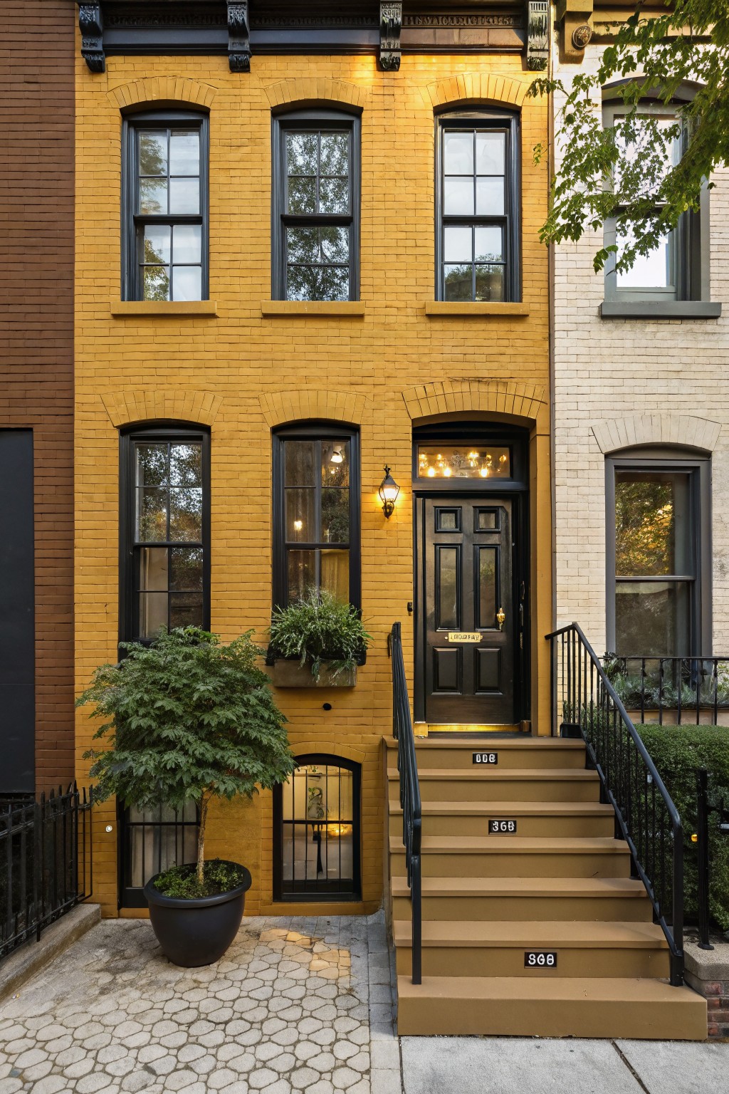 Yellow brick townhouse exterior with black-framed windows and double door, concrete steps numbered 368 and 369, potted tree and window box plants, flanked by brown brick house on left and white brick on right.