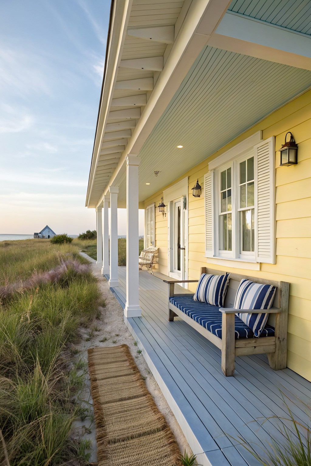 Side view of a two-story yellow clapboard house with white trim, a covered porch supported by white columns, a wooden bench with blue striped cushions on gray decking, seagrass rug, lantern lights, and dune grasses beside a sandy path near the ocean.