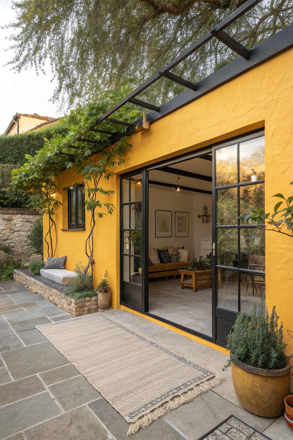 Yellow stucco pavilion with black-framed sliding glass doors open to an interior space featuring a sofa and plants, surrounded by climbing vines, potted greenery, and a stone patio with a woven rug.