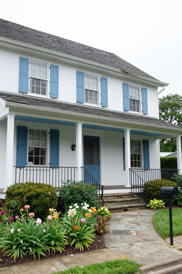 A two-story white clapboard colonial house with blue shutters on multi-pane windows, a blue front door, covered porch with white columns, black metal railing, stone steps, and front yard landscaping with flower beds, shrubs, and a flagstone path.