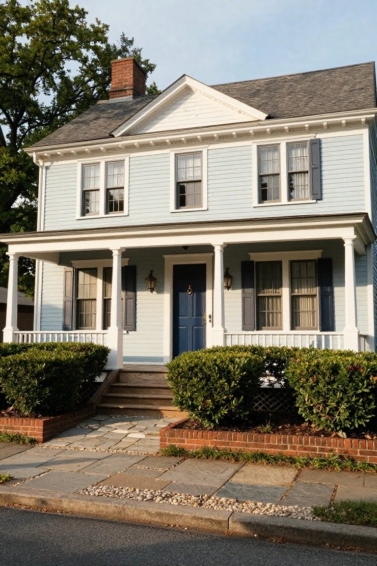 Two-story light blue clapboard house with gabled roof, white trim, full-width columned front porch, blue front door, symmetrical multi-pane windows, and boxed shrubs flanking steps beside a brick edging and sidewalk.