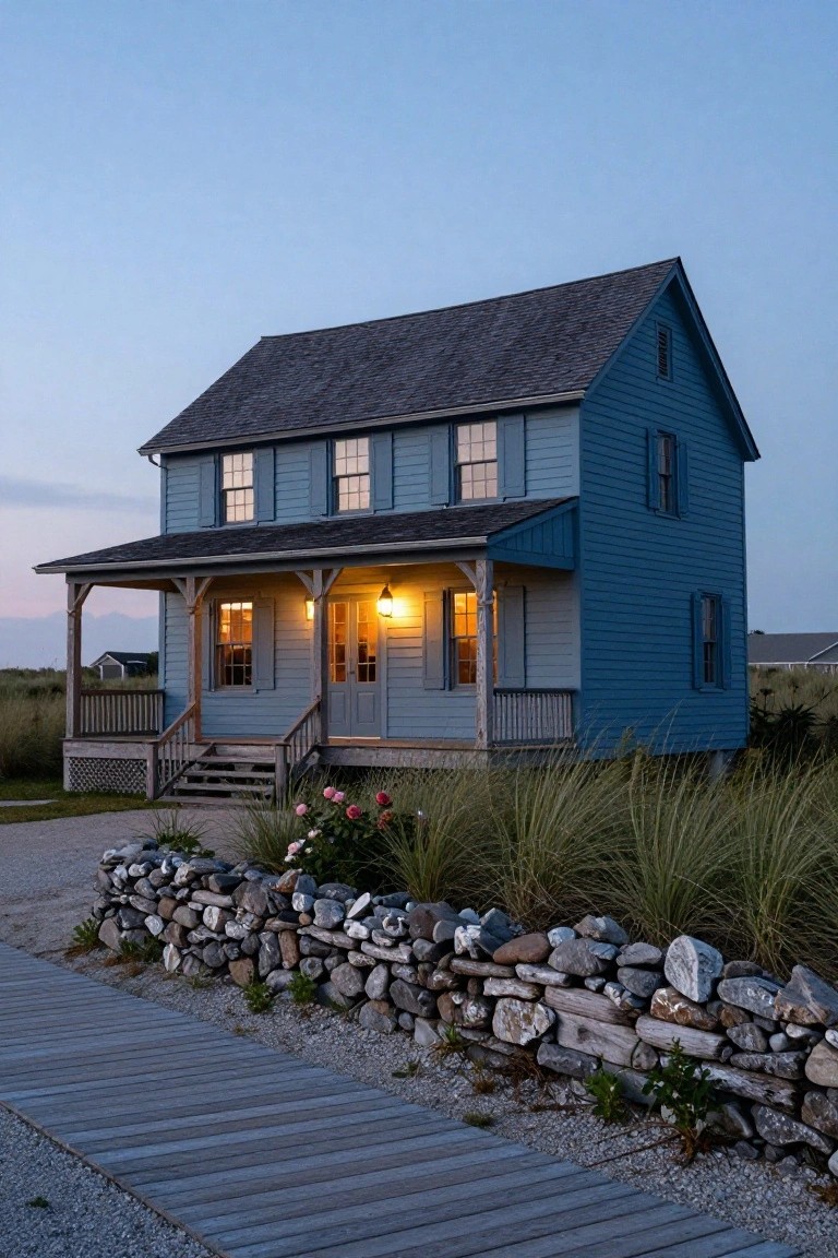 Blue clapboard house with shingle roof and elevated front porch lit by lanterns at dusk, surrounded by beach grass, roses, a stone wall, and wooden boardwalk path.