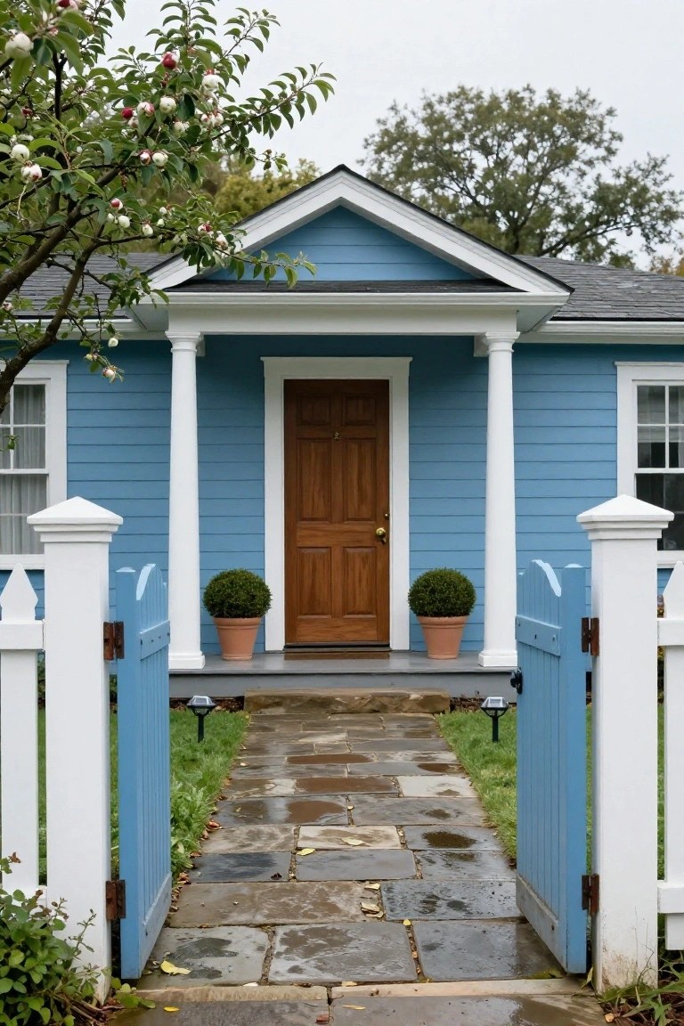 Light blue colonial-style house exterior with white portico supported by two columns, brown front door numbered 2, boxwood topiaries in terracotta pots flanking the steps, blue and white picket fence gate, and wet stone pathway leading to the entry.