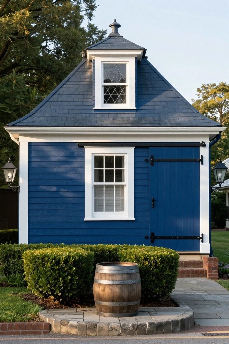 Small blue clapboard garden shed with dark slate roof, white-trimmed dormer window and double doors, flanked by lanterns and boxwood shrubs, with a wooden barrel planter on a stone base in front.