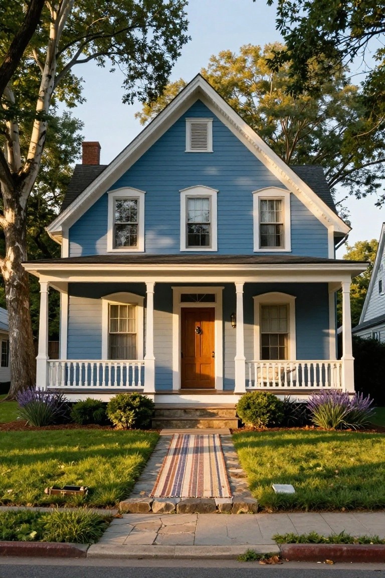 Two-story blue clapboard house with white trim, gabled roof, wraparound front porch, central wood door, flanked by shrubs and lavender, stone path with rug leading to porch, green lawn, mature trees nearby.