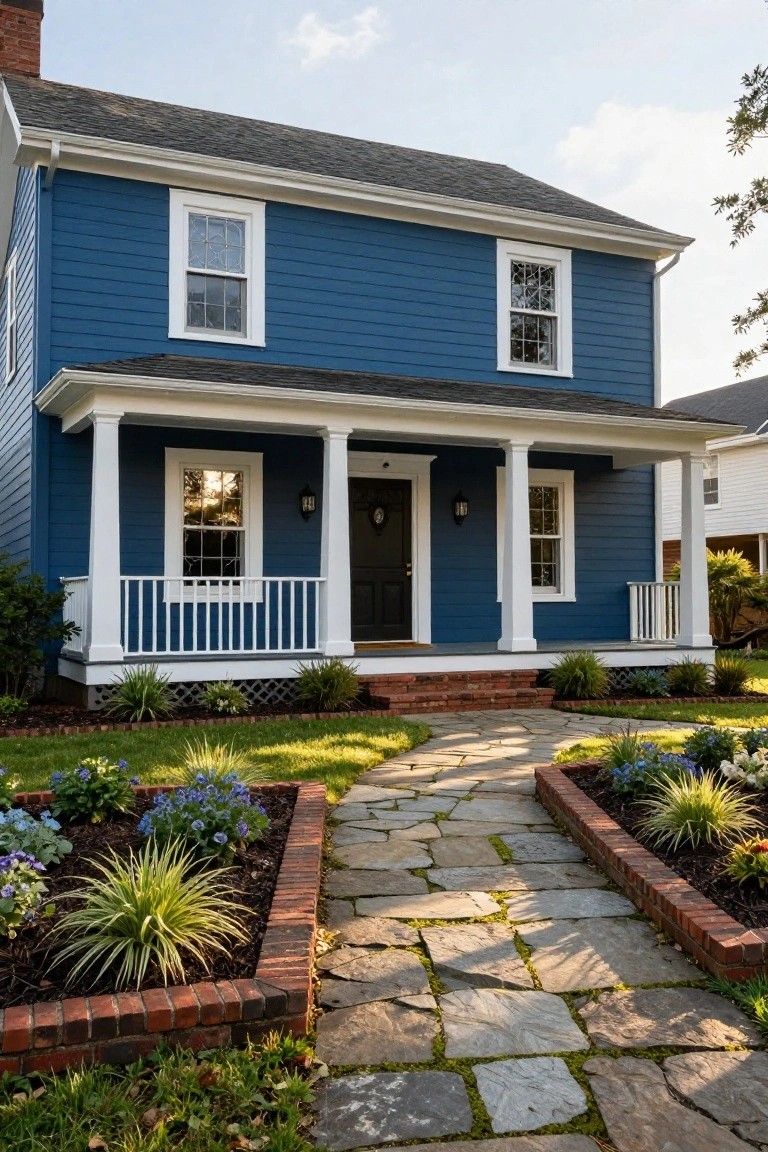 A two-story colonial-style house painted blue with white trim and clapboard siding, featuring a covered front porch supported by white columns, black front door, brick steps, stone pathway, and brick-edged flower beds with plants.