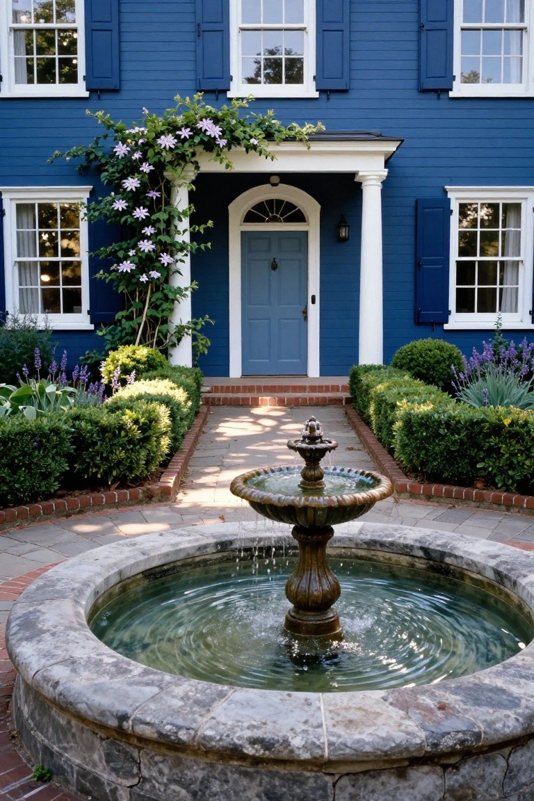 Blue colonial clapboard house with white columned porch over a light blue front door, purple flowering vines climbing the left column, boxwood hedges and lavender plants lining a brick path to a central stone fountain.