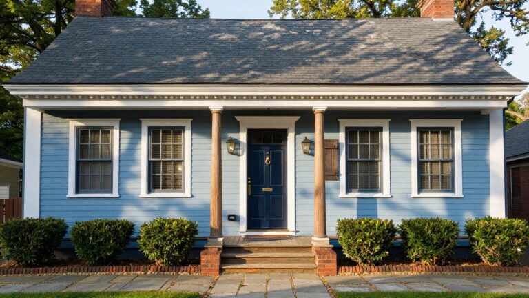Two-story light blue clapboard house with gabled roof, white trim, full-width columned front porch, blue front door, symmetrical multi-pane windows, and boxed shrubs flanking steps beside a brick edging and sidewalk.