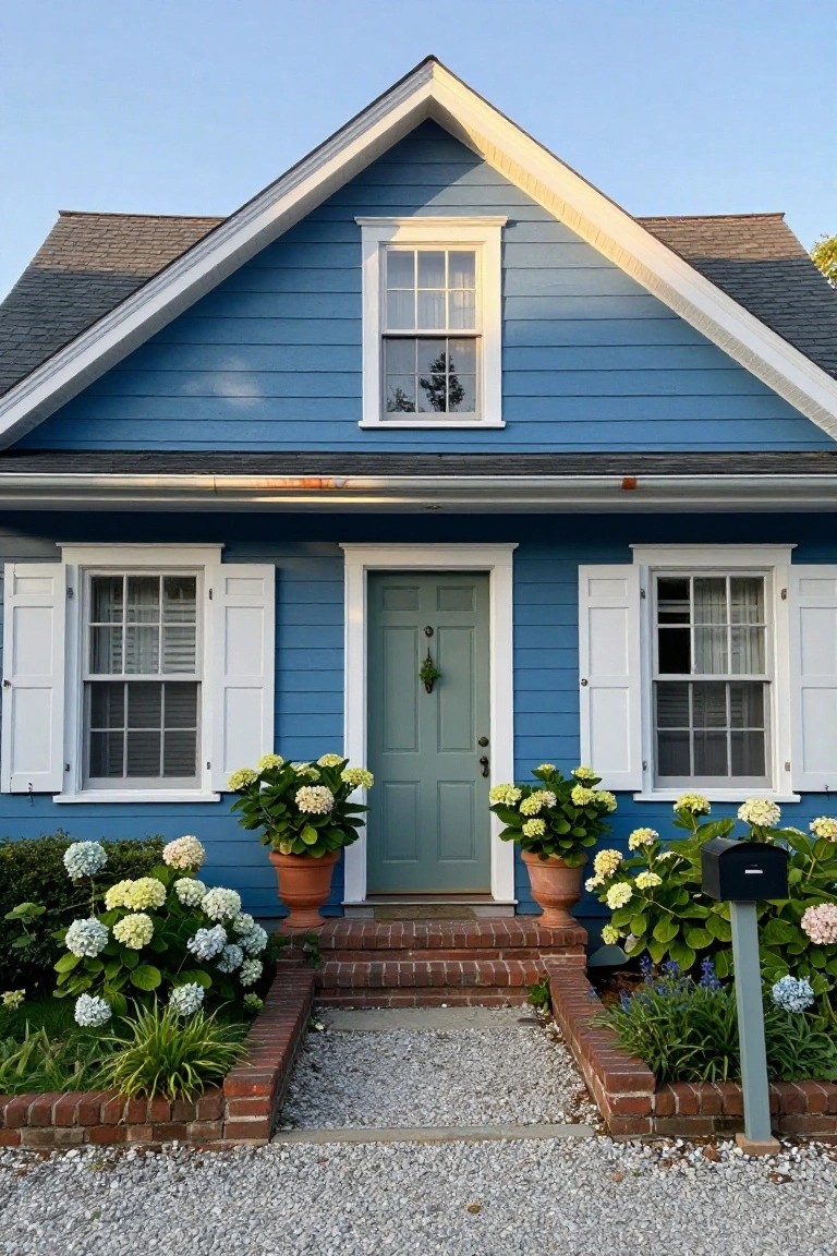 Blue clapboard house with white trim, gabled roof, double-hung windows with shutters, sage green door, and large terracotta pots of white hydrangeas flanking brick entry steps to gravel path.
