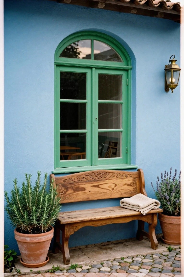 Colonial blue stucco house wall with arched emerald green window, brass wall lantern, carved wooden bench draped with a beige blanket, potted rosemary and lavender plants beside it on a cobblestone path.