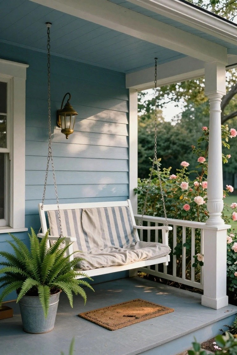 Blue clapboard house porch with white hanging swing on chains, striped cushions, potted fern, wall lantern, climbing pink roses on columns, and woven doormat on steps.