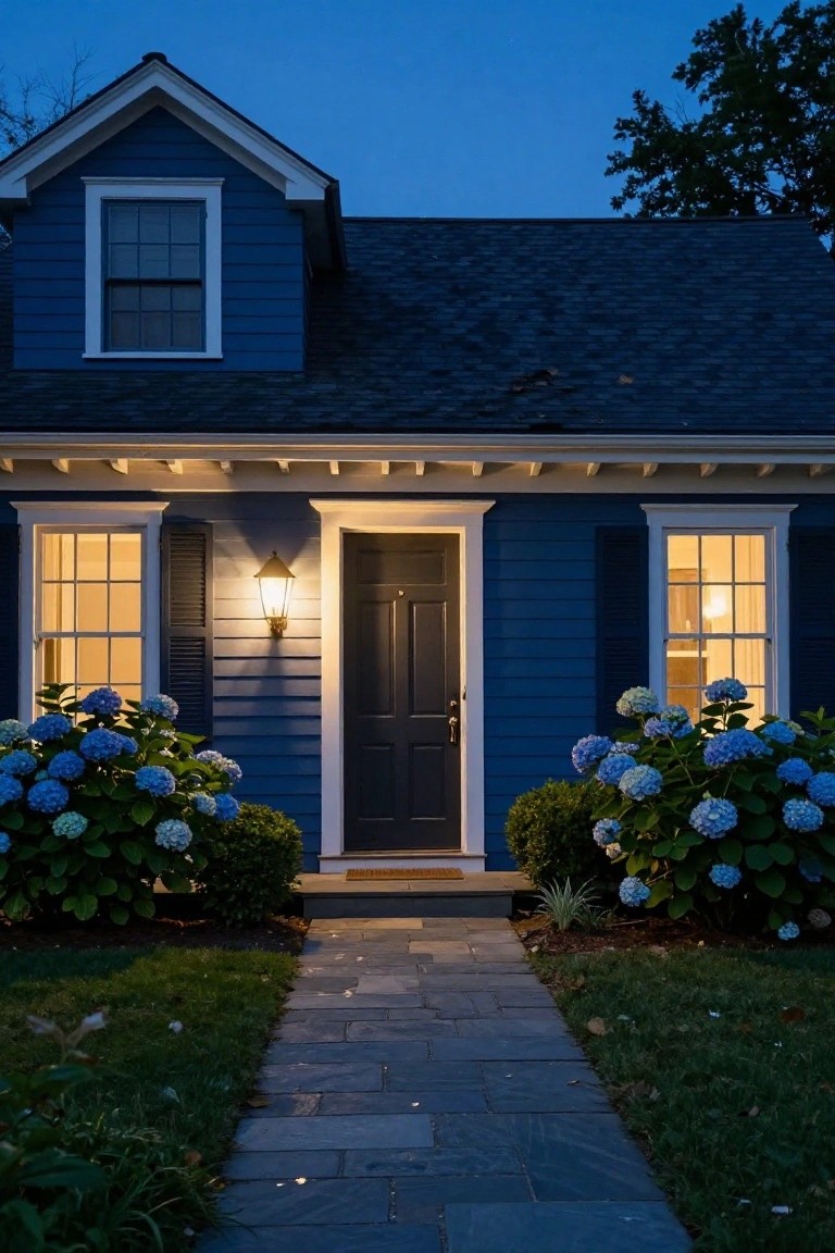 Navy blue clapboard house exterior at dusk with white trim, lit lantern beside black front door, large blue hydrangea bushes flanking the entry steps, and stone pathway in the front yard.