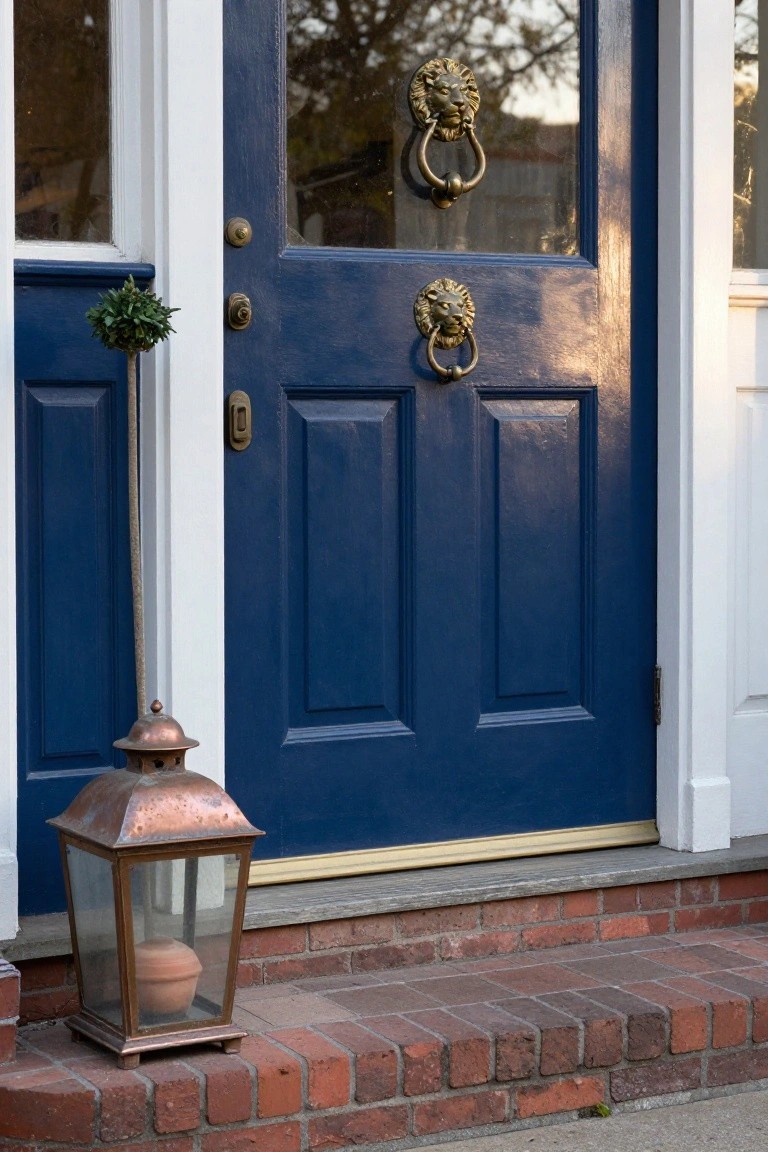 Navy blue paneled front door with two brass lion head knockers and a round doorknob, next to a white-framed glass sidelight, copper lantern holding a terracotta pot, small topiary plant, and brick steps.