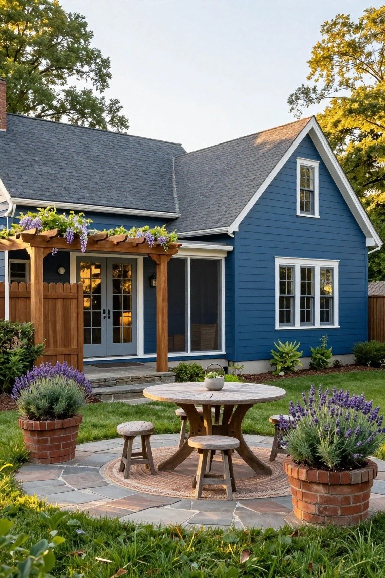 Navy blue clapboard house with white trim and gabled roof beside a wooden pergola covered in purple wisteria, above a circular flagstone patio holding a round wooden table, four stools, a rug, and terracotta pots of lavender plants in a grassy yard.