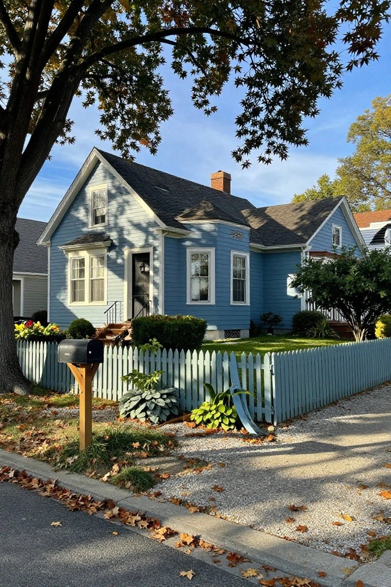Blue clapboard house with white trim, gabled roof, small front porch, and steps, enclosed by a matching blue picket fence with shrubs, flowers, hostas, and a black mailbox on a wooden post beside a street with fall leaves.