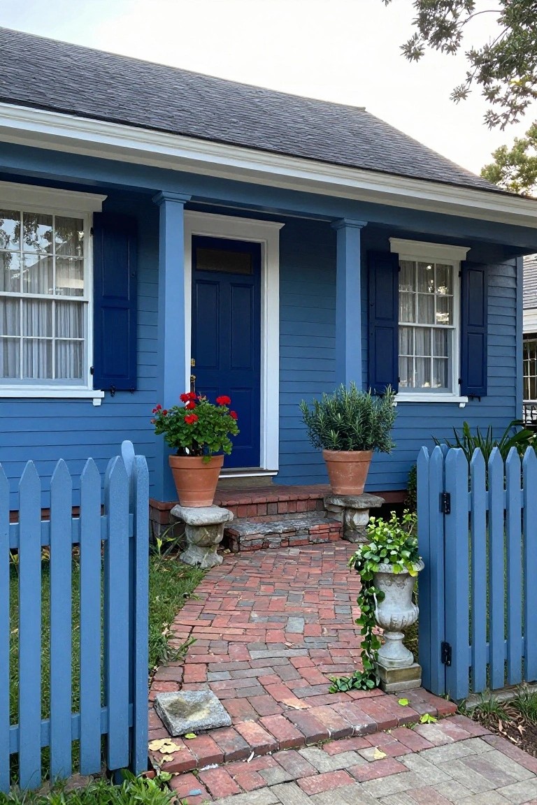 Blue clapboard house exterior with white porch columns and trim, navy front door flanked by terracotta pots containing red geraniums and rosemary, white picket fence gate, and brick pathway leading to porch steps.