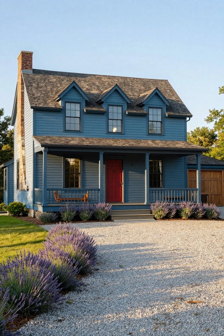 Two-story colonial blue clapboard house with gabled roof, brick chimney, red front door, white-trimmed windows, covered porch, wooden bench, lavender bushes, and gravel driveway.