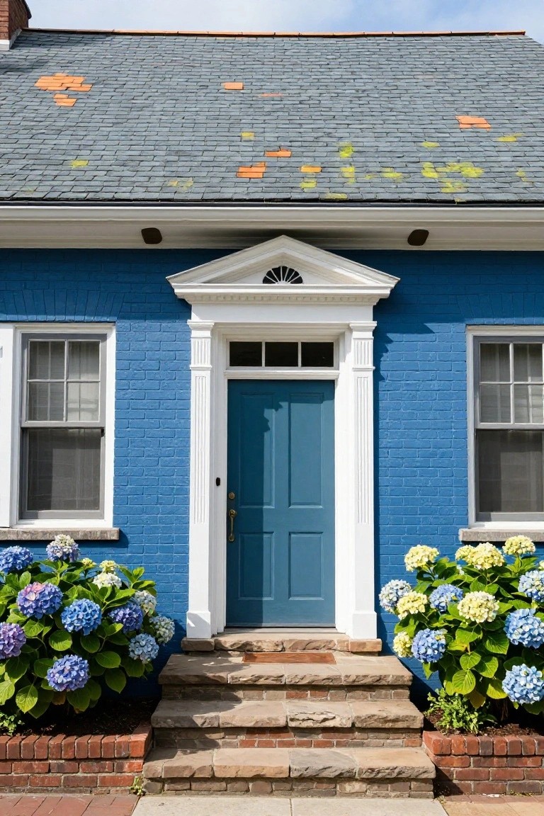 Blue brick house exterior with white columns and pediment framing a blue front door, flanked by white and blue hydrangea bushes in brick planters, stone steps leading up, and slate roof.