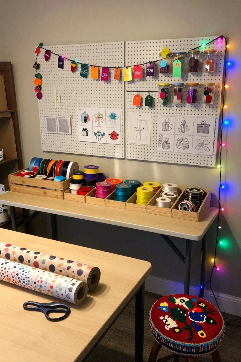 Wooden craft table with crates of colorful ribbon spools, patterned wrapping paper rolls, and scissors, beside a pegboard wall hung with garlands, jars of candies, drawings, and fairy lights in a home office space.