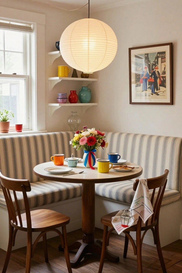 Kitchen breakfast nook with striped bench seating around a round wooden table set with colorful ceramic mugs, cups, plates, spoons, a flower bouquet, and storage jars, flanked by wooden chairs, open shelves holding pottery, plants, and a large paper lantern pendant light overhead.