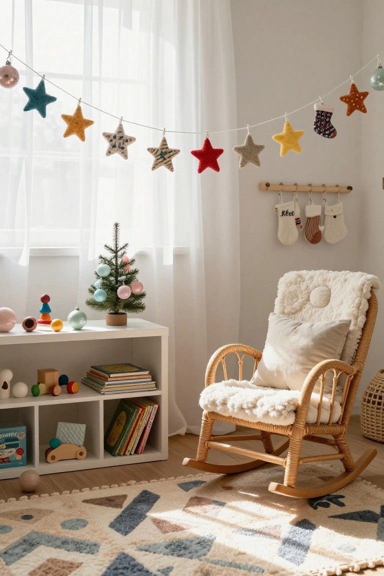 Nursery room with white walls and sheer curtains at a window, featuring a garland of multicolored felt stars, stockings, and baubles; small potted Christmas tree on a white shelf with wooden toys and books; rattan rocking chair with white cushions; patterned rug on wood floor.