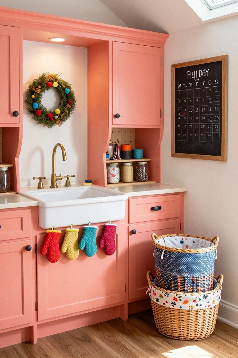 Pink kitchen cabinets with colorful oven mitts hanging on doors, white farmhouse sink with gold faucet, Christmas wreath on cabinet, blackboard calendar on wall, and stacked woven baskets on wood floor.