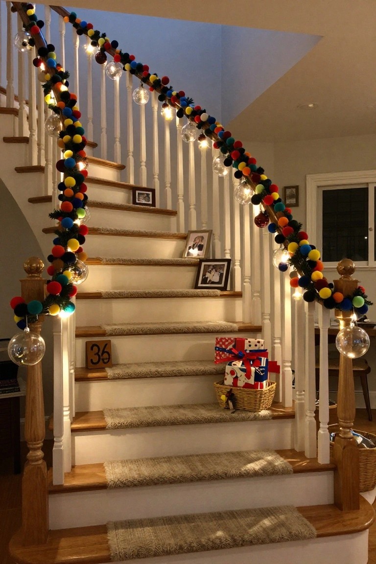 Curved wooden staircase railing wrapped in multicolored pom-pom garland with string lights, glass ornaments, greenery, family photos on shelves, and wrapped gifts on steps.