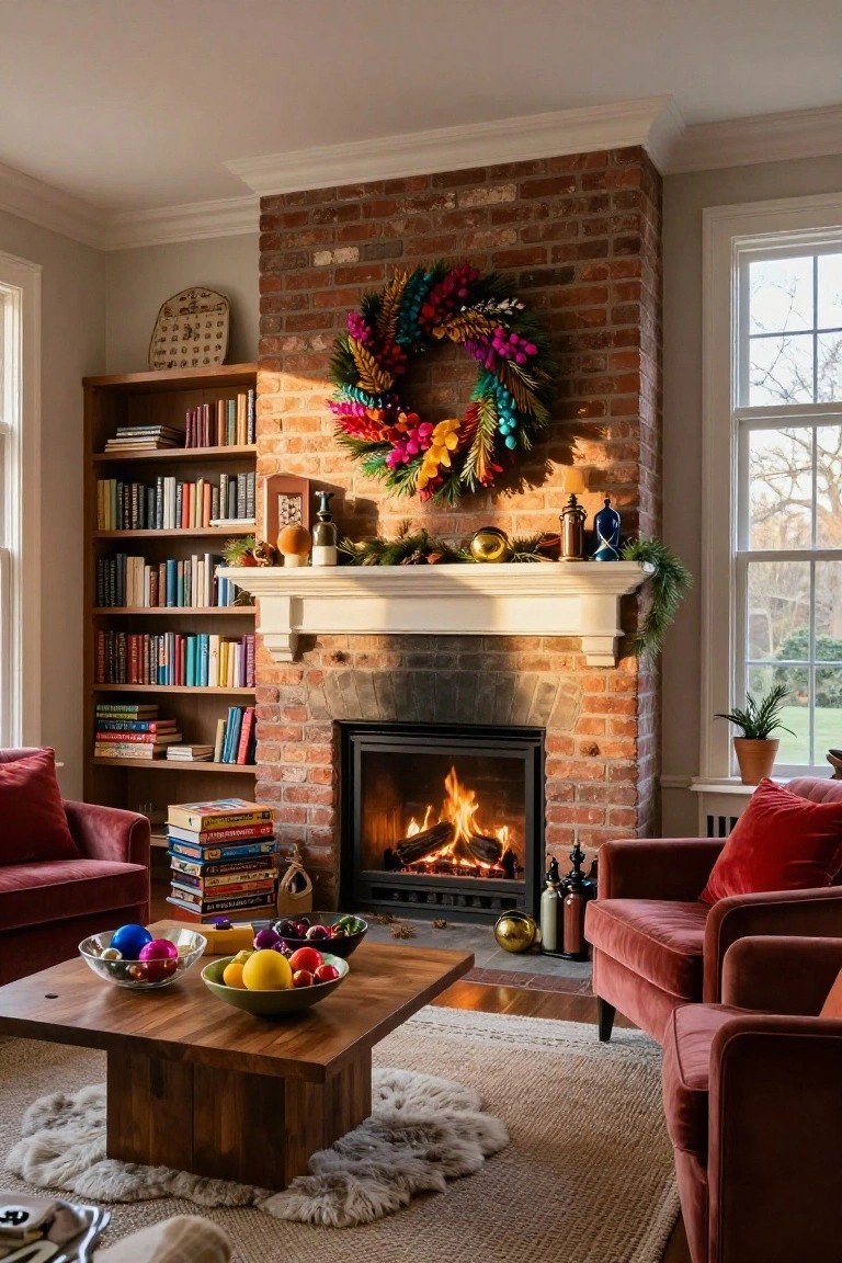 Cozy living room with brick fireplace, large multicolored wreath on white mantel, wooden bookshelves filled with books, red velvet armchairs, wooden coffee table with colorful ornaments and fruit bowls.