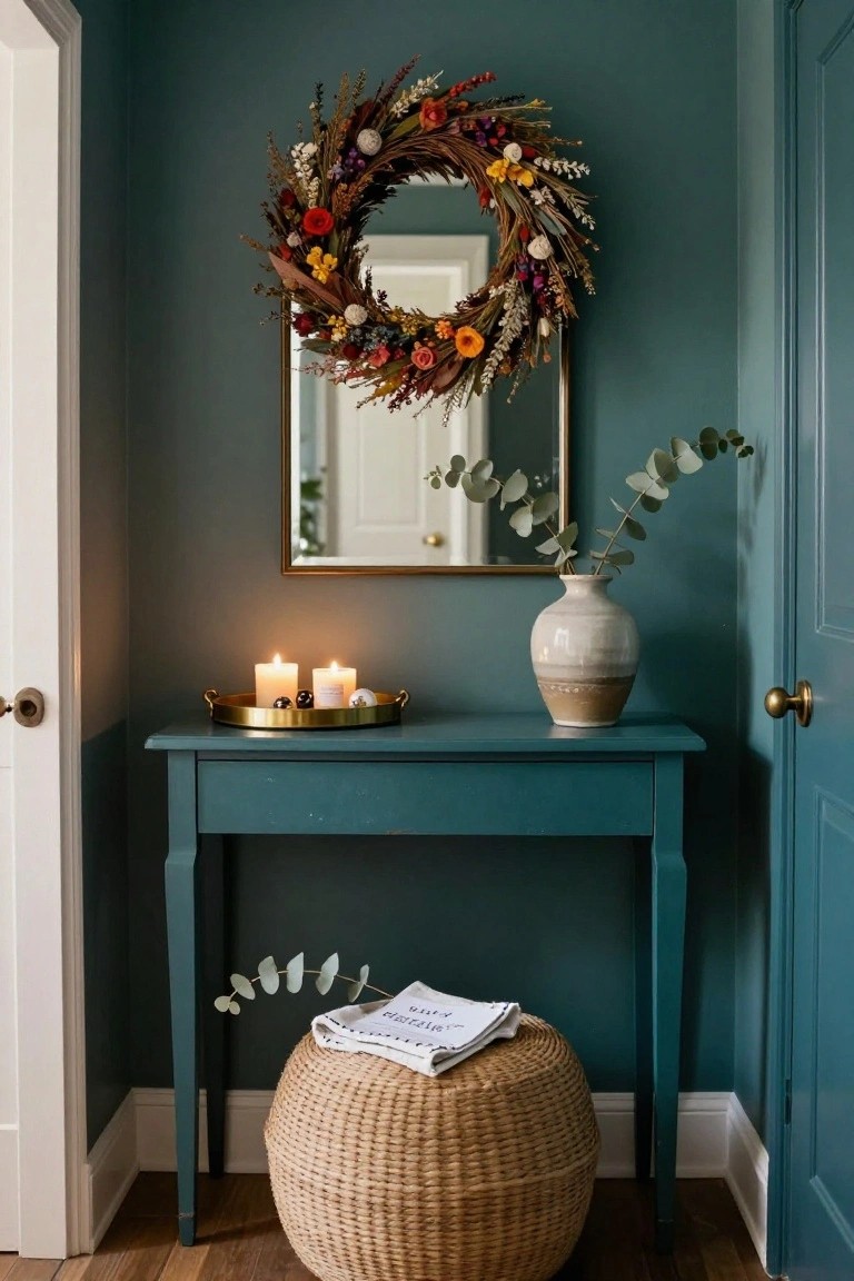 Teal console table against green walls holding a gold tray with white candles and black spheres, beside a beige vase with eucalyptus, under a gold mirror with multicolored dried flower wreath, wicker stool on wood floor.