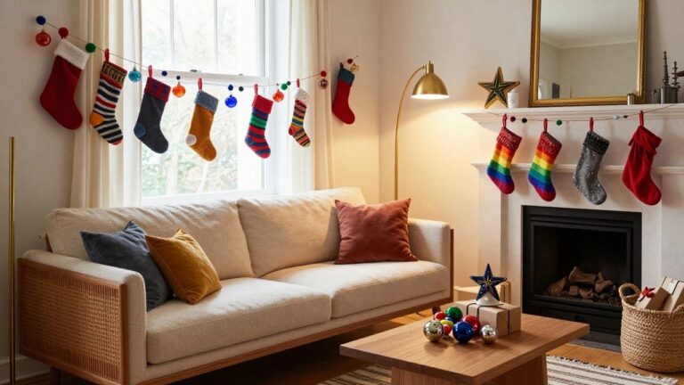 Neutral-toned living room with cream sofa, beige cushions, wooden coffee table holding gifts and ornaments, fireplace with red and rainbow stockings, multicolored glass ornament garland near windows, and gold arched floor lamp.