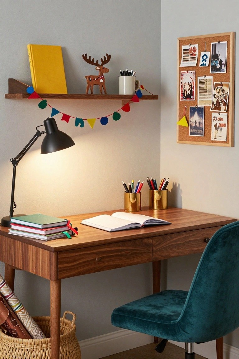 Festive Garland on the Desk Shelf