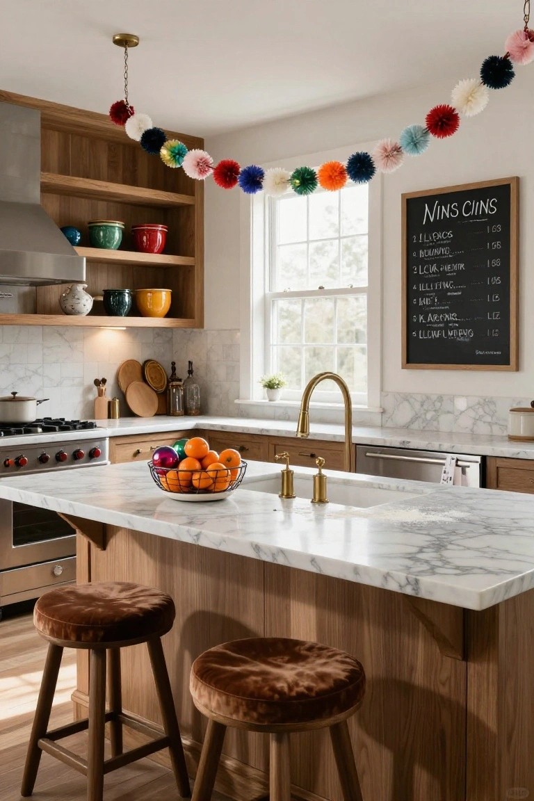 Kitchen interior with wooden cabinets, white marble island and counters, gold faucet, bowl of oranges, colorful pom-pom garland overhead, and chalkboard menu on the wall.