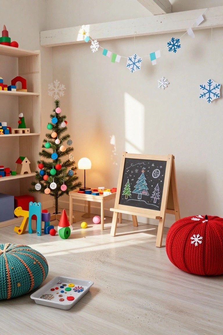 Children's playroom with wooden toys on shelves, a small decorated Christmas tree, knitted poufs, chalkboard easel with tree drawings, and colorful garlands hanging above.