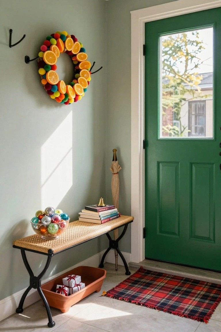 Entryway corner with green front door visible through glass panels, colorful pom-pom and orange wreath on gray wall, rattan bench on black metal frame holding books and bell, glass bowl of shiny Christmas ornaments, umbrella stand, and tray of wrapped gifts underneath on wood floor with plaid rug.