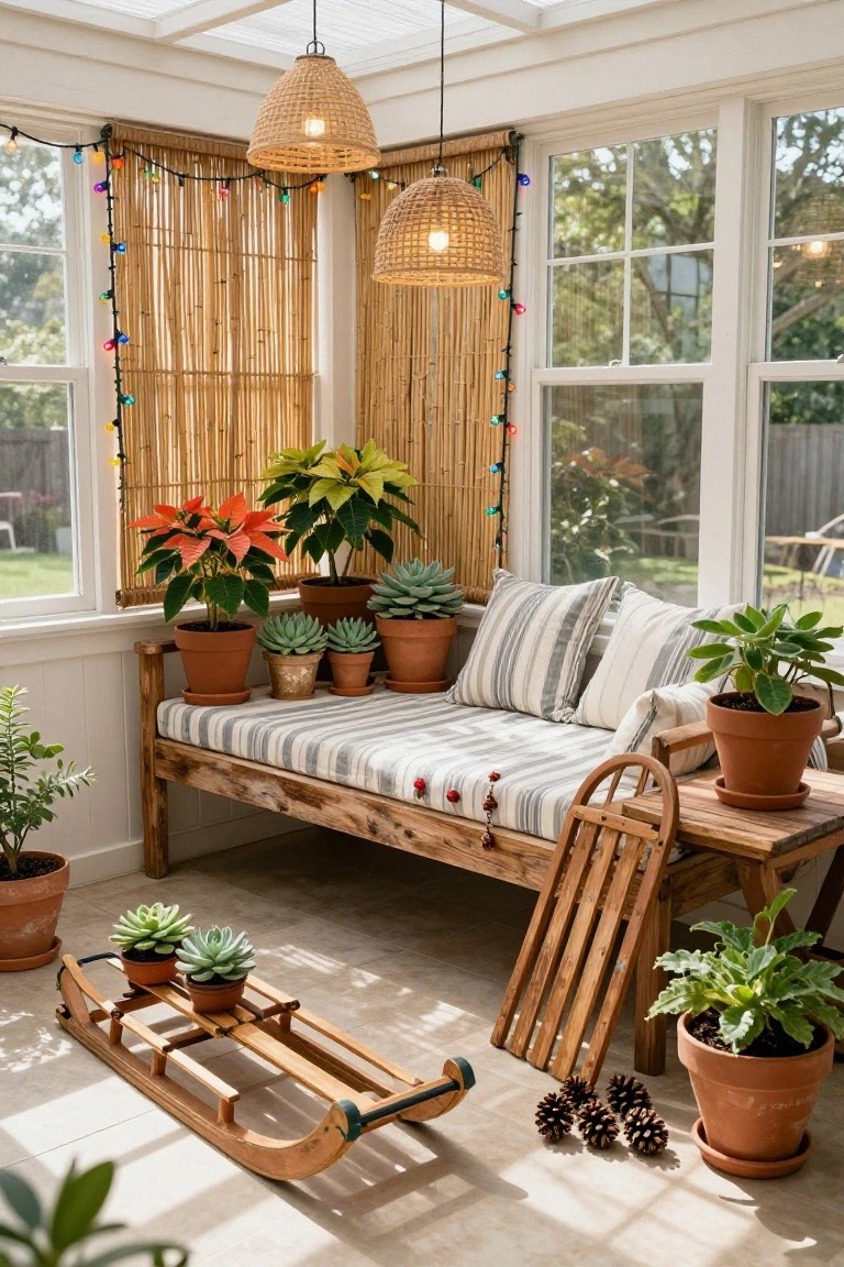 Sunroom with wooden bench topped by striped cushions and pillows, surrounded by potted poinsettias, succulents, and other plants, colorful string lights on bamboo screens and windows, wooden sled on floor, and pinecones.