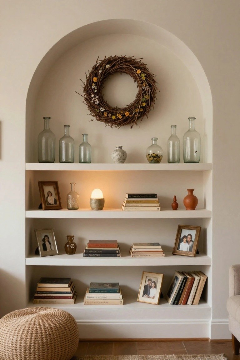 Arched white wall niche with a wreath of dried twigs and flowers hanging in the center, flanked by glass bottles on the top shelf, and lower shelves holding books, photo frames, ceramics, and a small lit lamp, with a woven pouf and armchair nearby on a wood floor.