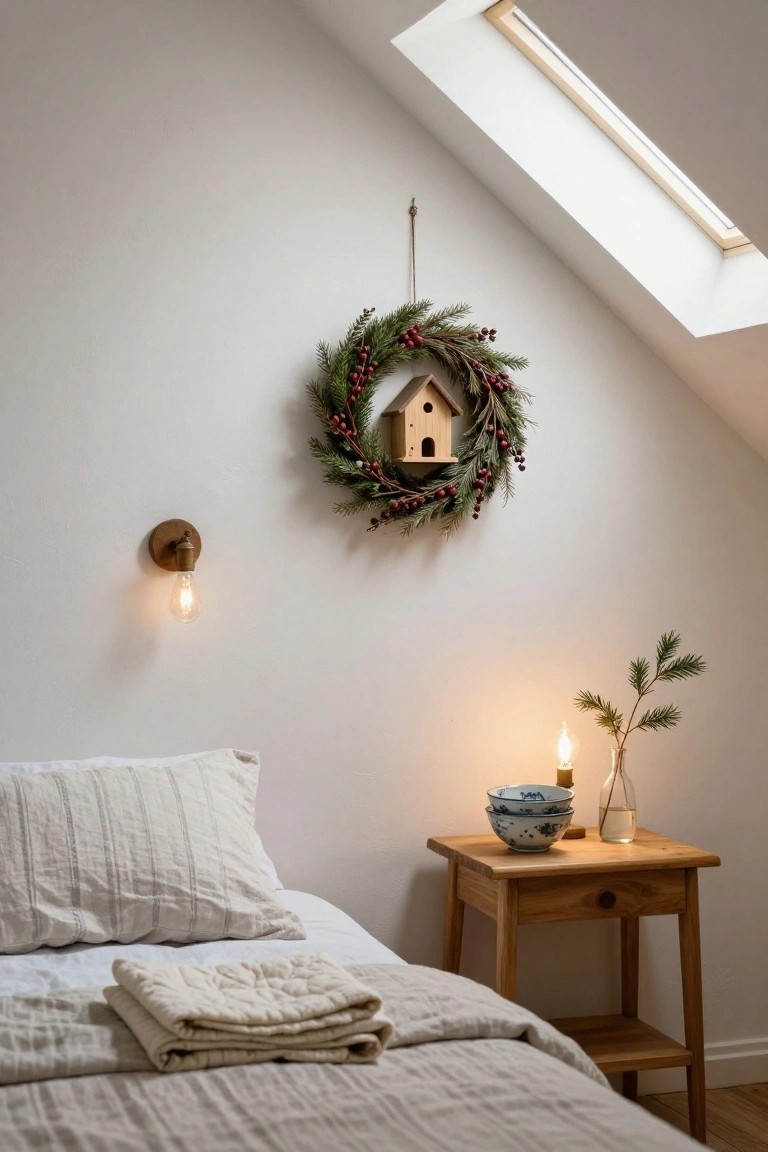 Bedroom corner under sloped white ceiling with skylight, evergreen and berry Christmas wreath containing wooden birdhouse on wall, lit wooden wall sconce, nightstand holding blue bowl candle and vase with fir sprig, bed with white linen pillows and quilt.