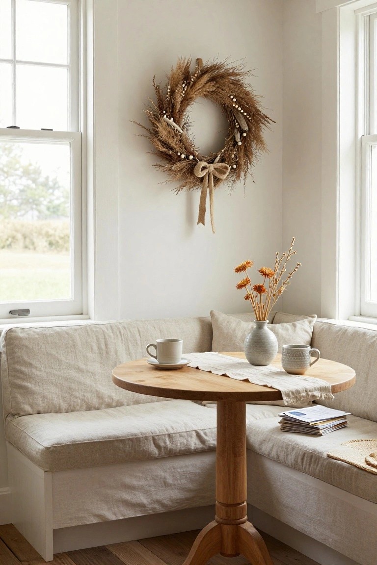 Cozy beige linen window bench seating in a corner with a small round wooden pedestal table, two ceramic mugs and saucer, gray vase of dried orange flowers, large pampas grass wreath with bow on white wall above, large white-framed windows looking out to green field.