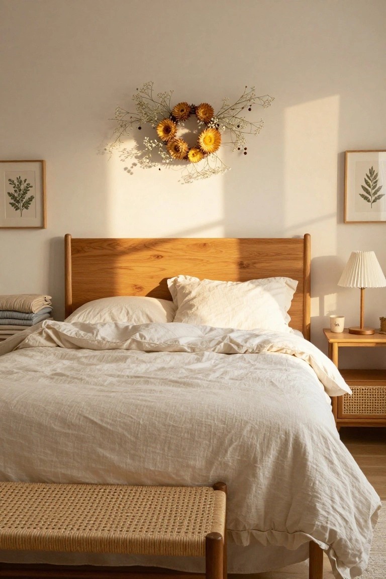 Bedroom interior featuring a wooden bed with white linen sheets and pillows, a rattan bench at the foot, a bedside table with lamp and mug, botanical prints on walls, and a large circular wreath of dried yellow flowers and white fillers hanging above the bedhead.
