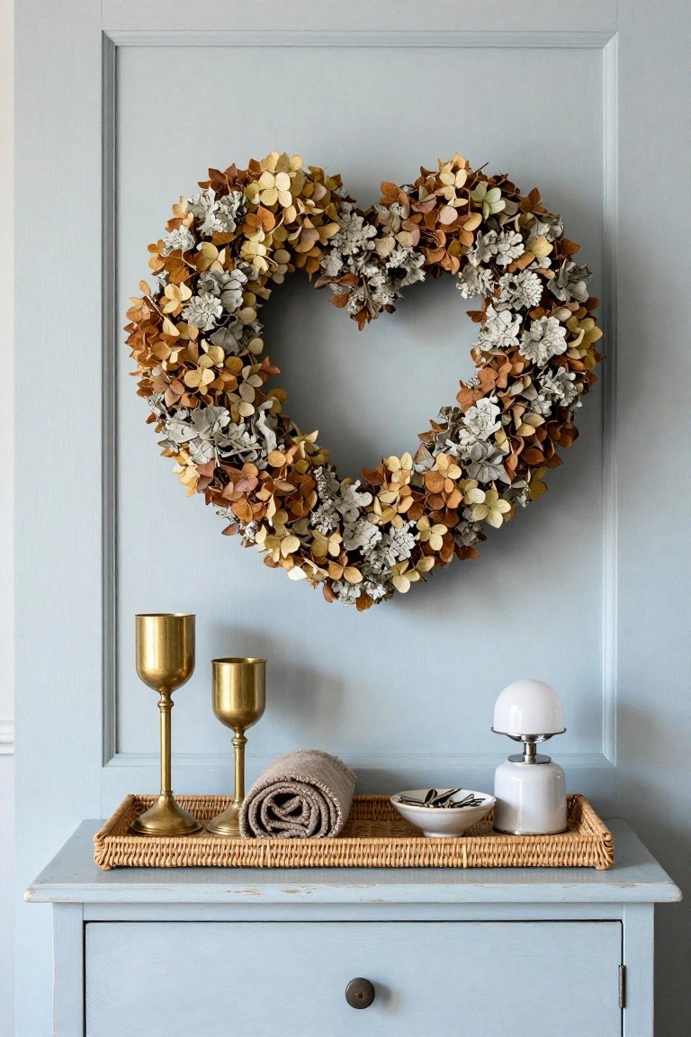 Heart-shaped wreath of dried beige, tan, and white hydrangeas hanging on a light blue paneled wall above a distressed blue console table with a woven tray holding gold candlesticks, a rolled gray towel, a white bowl with utensils, and a white lamp.