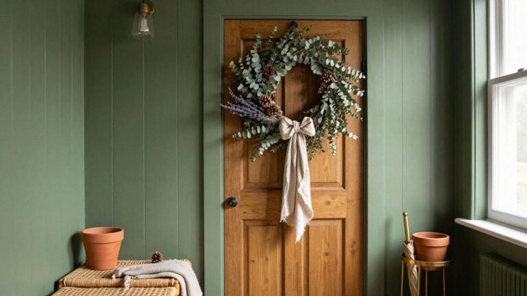 18 Cottagecore Christmas Wreath Ideas That Add Whimsical Charm Sage green paneled door with a wreath of dried eucalyptus, lavender, pinecones, and beige linen bow hanging on it, next to a window in a green-walled room with a wicker bench, terracotta pots, and brass umbrella stand.