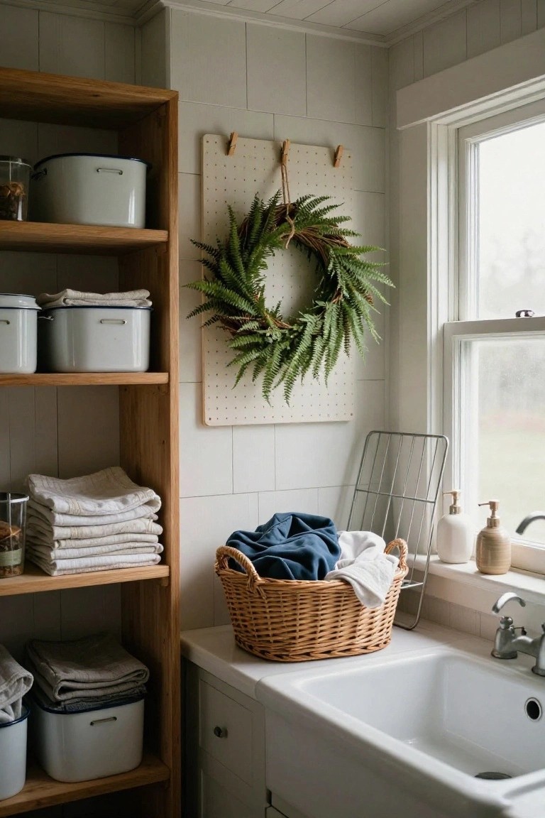 A green fern wreath hangs from rope on a white pegboard wall in a white-tiled laundry room with wooden shelves holding enamelware buckets, folded linens, and towels, a wicker basket of laundry clothes next to a white farmhouse sink.