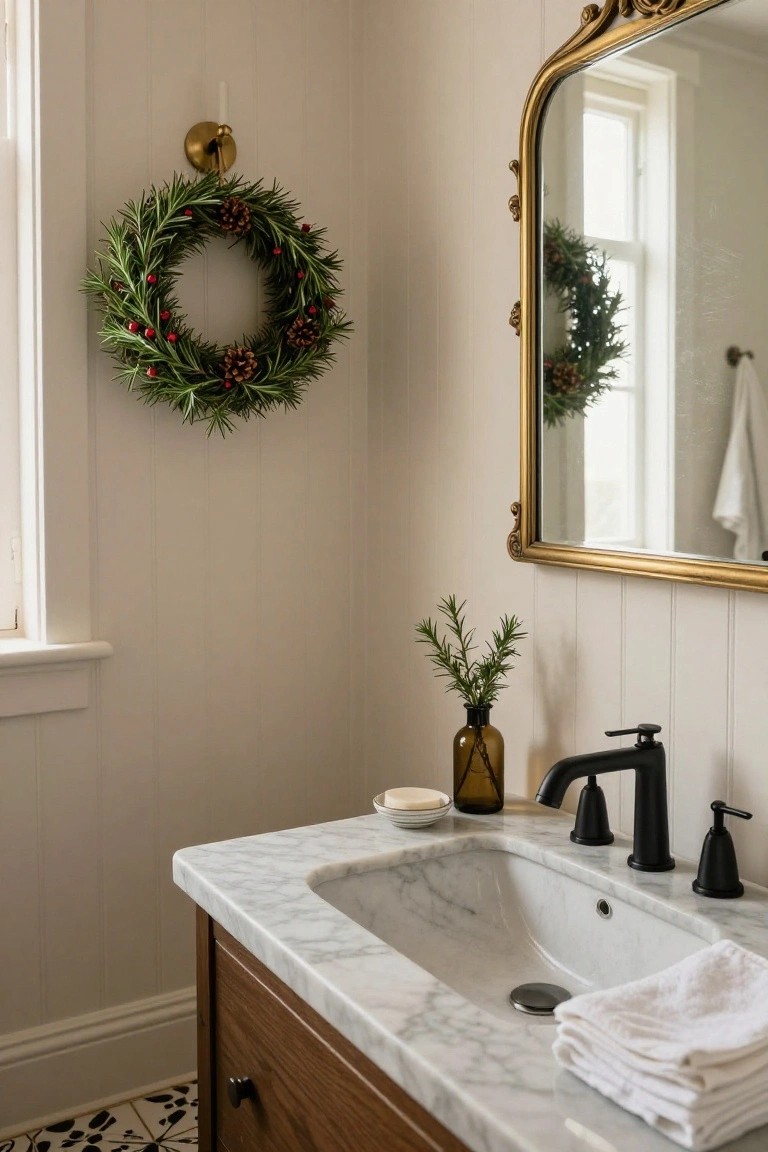 A bathroom featuring a marble sink, golden mirror, greenery wreath, and decorative towels.