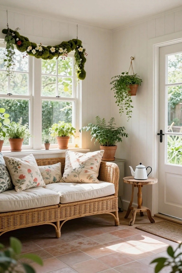 Sunlit interior corner of a white paneled room with rattan loveseat on tiled floor, potted plants on windowsill and hanging, moss garland with flowers draped from ceiling over multi-pane window, teapot on wooden stool near glass door.