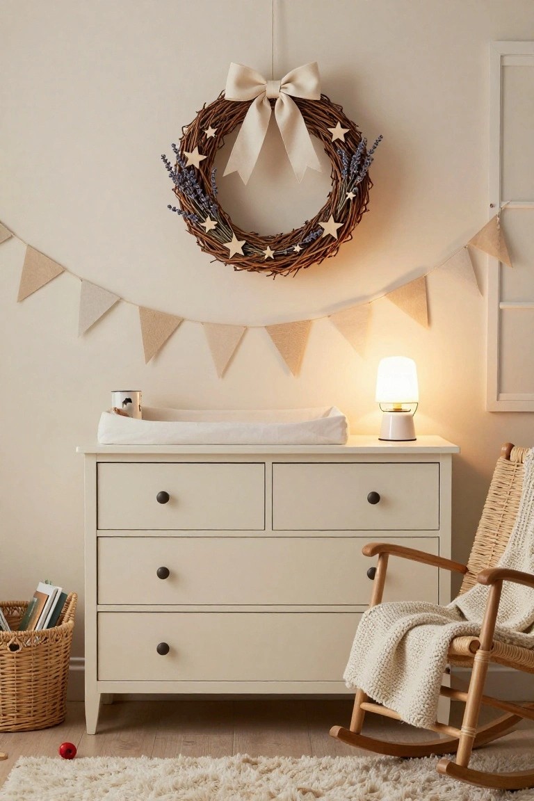 Beige nursery room with brown twig wreath featuring lavender sprigs, white bow, and wooden stars on the wall above white changing table dresser, tan bunting flags, bedside lamp, rattan rocking chair with blanket, woven basket with books, and rug on wood floor.