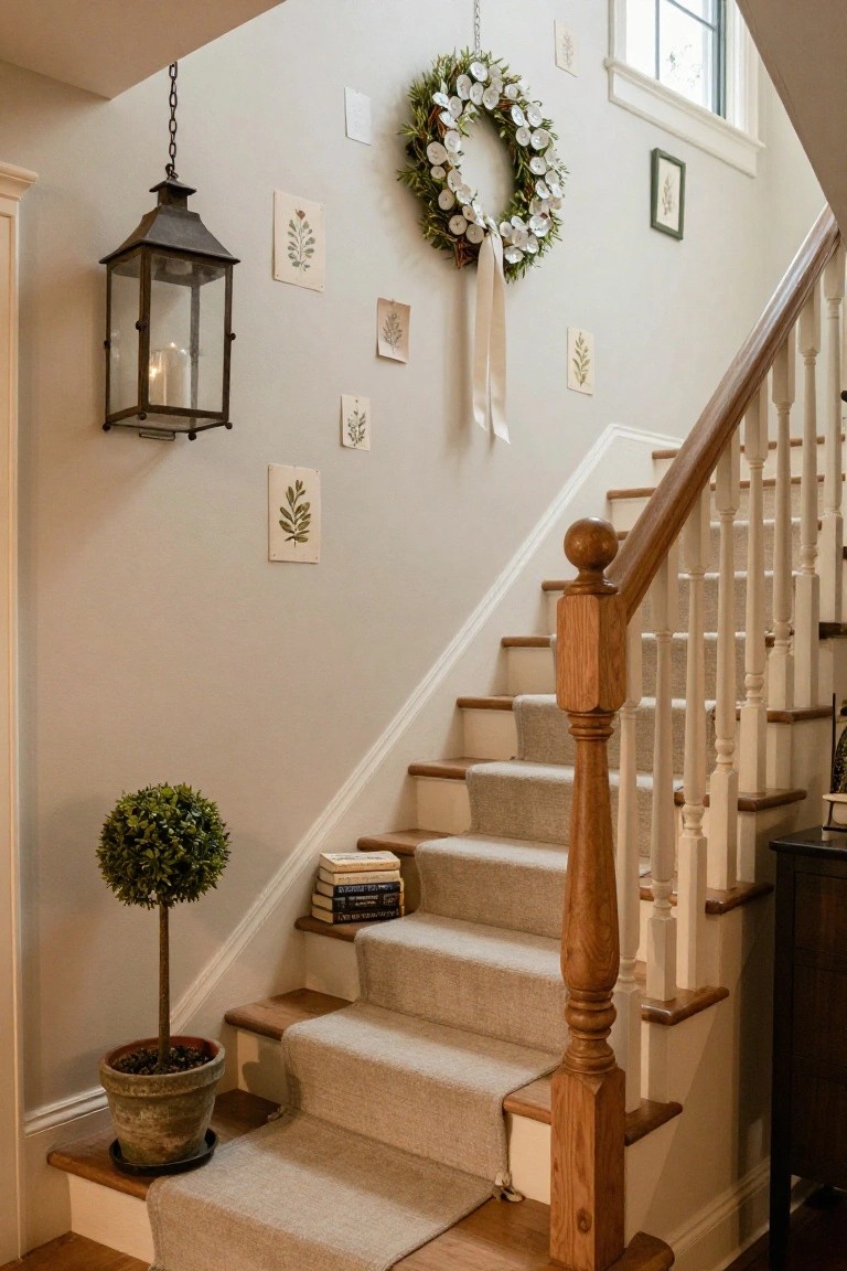 Light gray interior stairwell with oak wood stairs and railing, a hanging black metal lantern with candle, greenery wreath with white elements and ribbon on wall, botanical prints on walls, potted boxwood plant, and stacked books on bottom step.