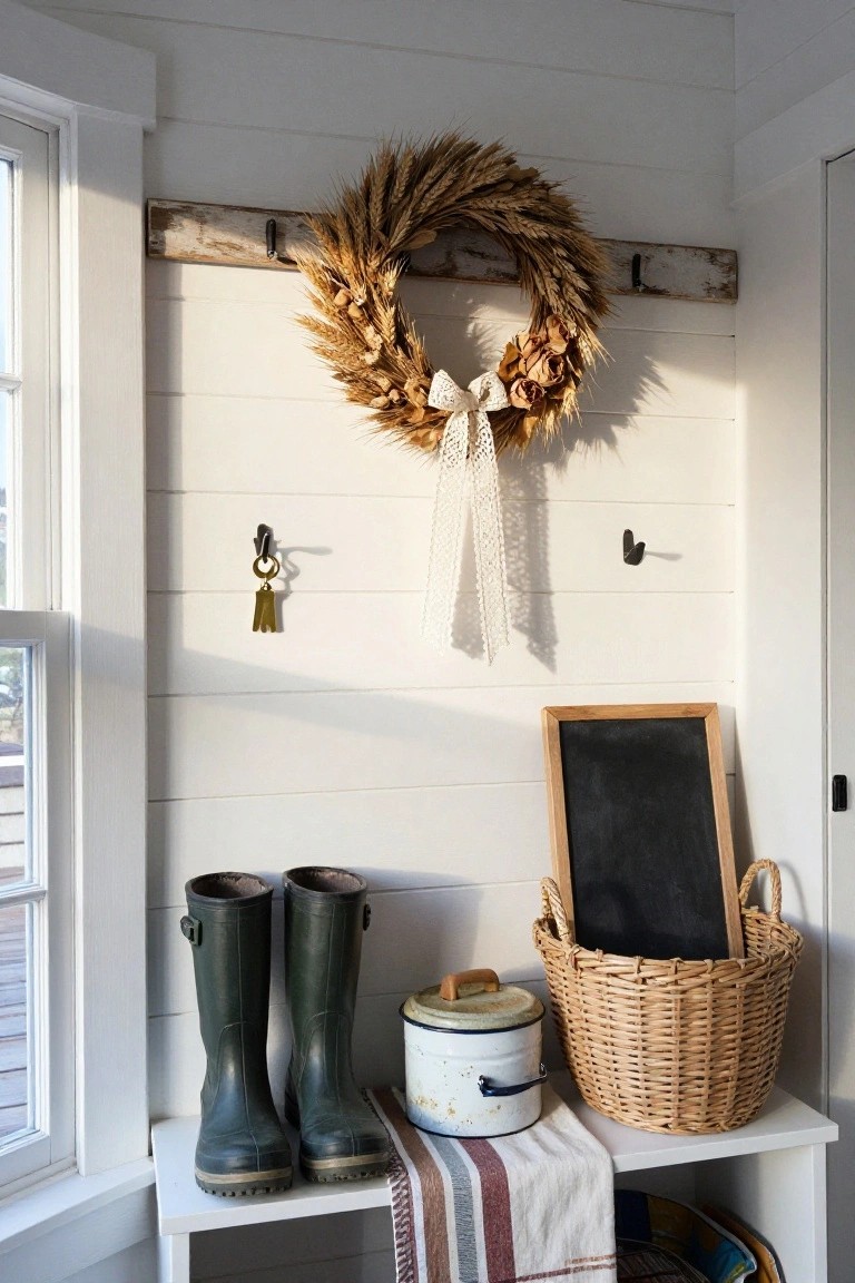 White shiplap entryway corner with wheat wreath on rustic beam, brass keys on hook, pair of green rubber boots, wicker basket holding chalkboard, enamel tin on white bench with striped towel.
