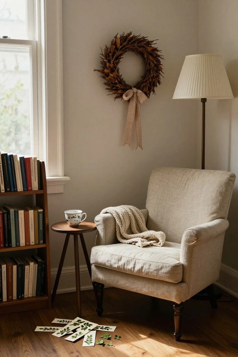 Interior corner with wooden bookshelves filled with books, a beige linen armchair with a knitted throw, small wooden side table holding a white teacup with floral pattern, tall floor lamp, wheat wreath with pink bow on wall, and scattered green leaf bookmarks on wooden floor.