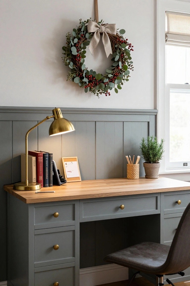 Gray wooden desk with oak top, brass lamp, books, corkboard, pencils in basket, potted rosemary plant, and eucalyptus berry Christmas wreath with linen bow hanging on wall above, in room with gray wainscoting and window with beige blind.